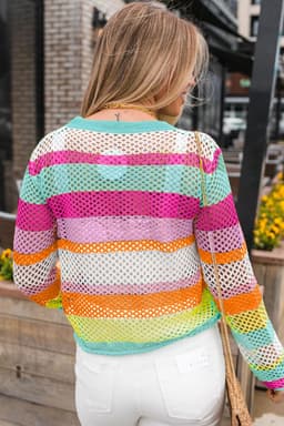 image-Rose Crochet Colorblock Patchwork Sweater - Rose Red