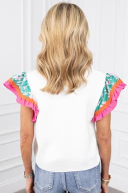 image-Contrast Ricrac Floral Sleeve Top - White (57 characters)
