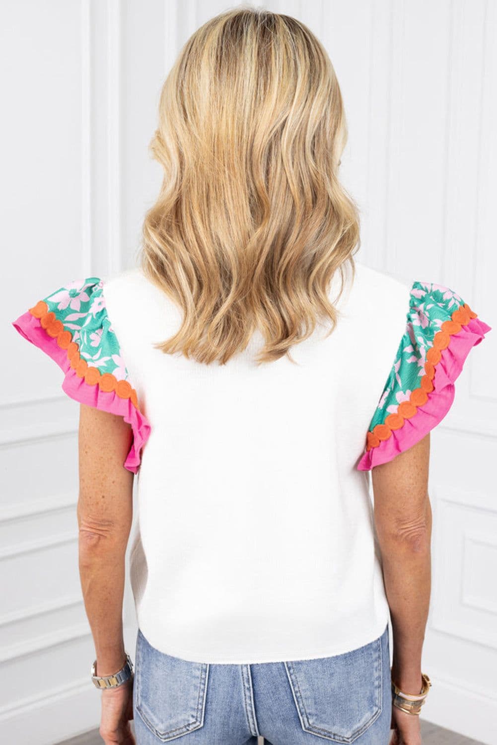 image-Contrast Ricrac Floral Sleeve Top - White (57 characters)