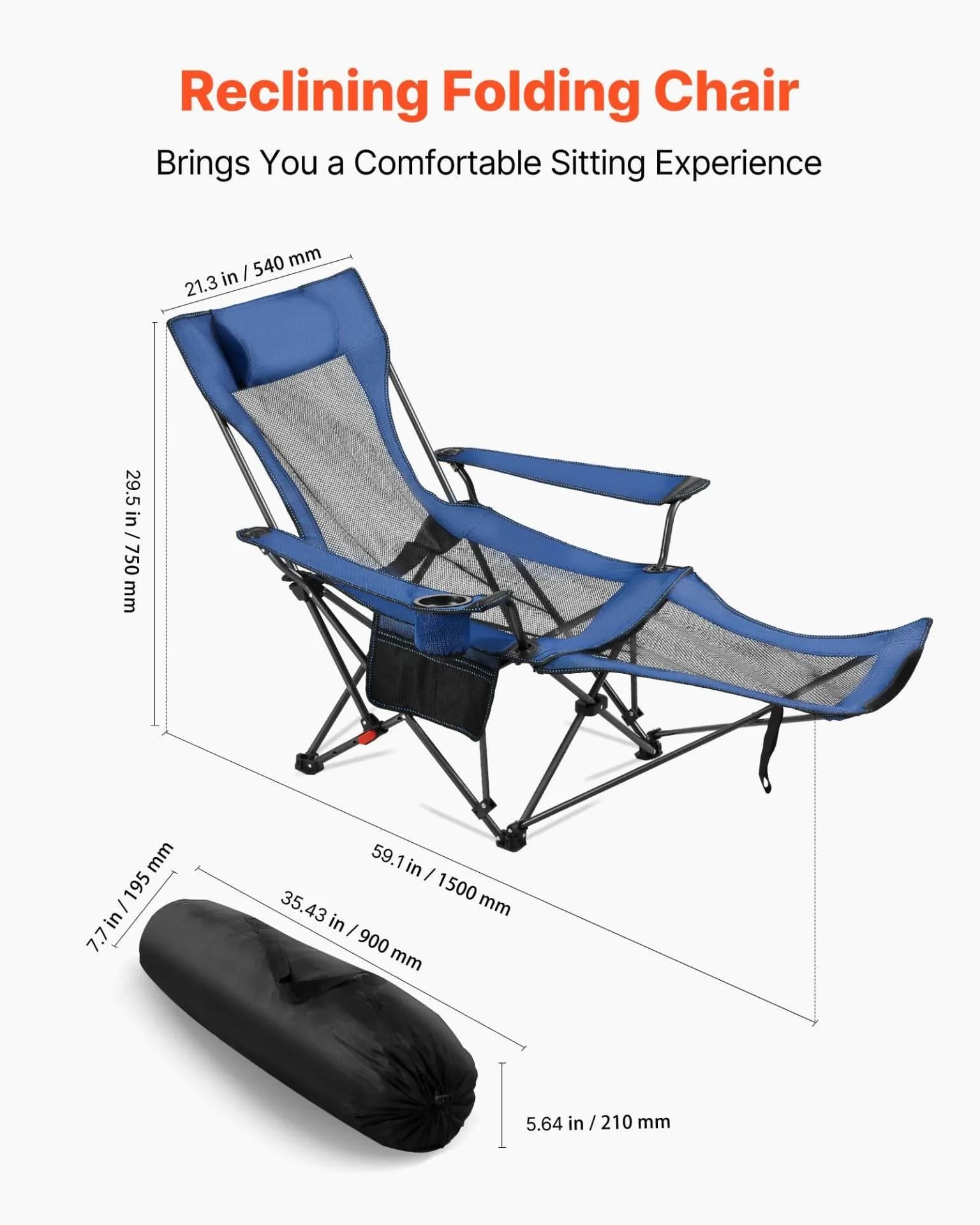 image-VEVOR Reclining Camping Chair, 4 Adjustable Positions, Portable Folding Lounger for Adults, Mesh Beach Chair with Headrest & Foot Rest, Supports 220 lbs, Heavy Duty Camp Chairs for Patio, Blue