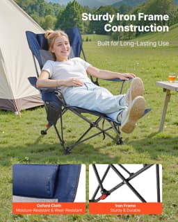 image-VEVOR Reclining Camping Chair, 4 Adjustable Positions, Portable Folding Lounger for Adults, Mesh Beach Chair with Headrest & Foot Rest, Supports 220 lbs, Heavy Duty Camp Chairs for Patio, Blue