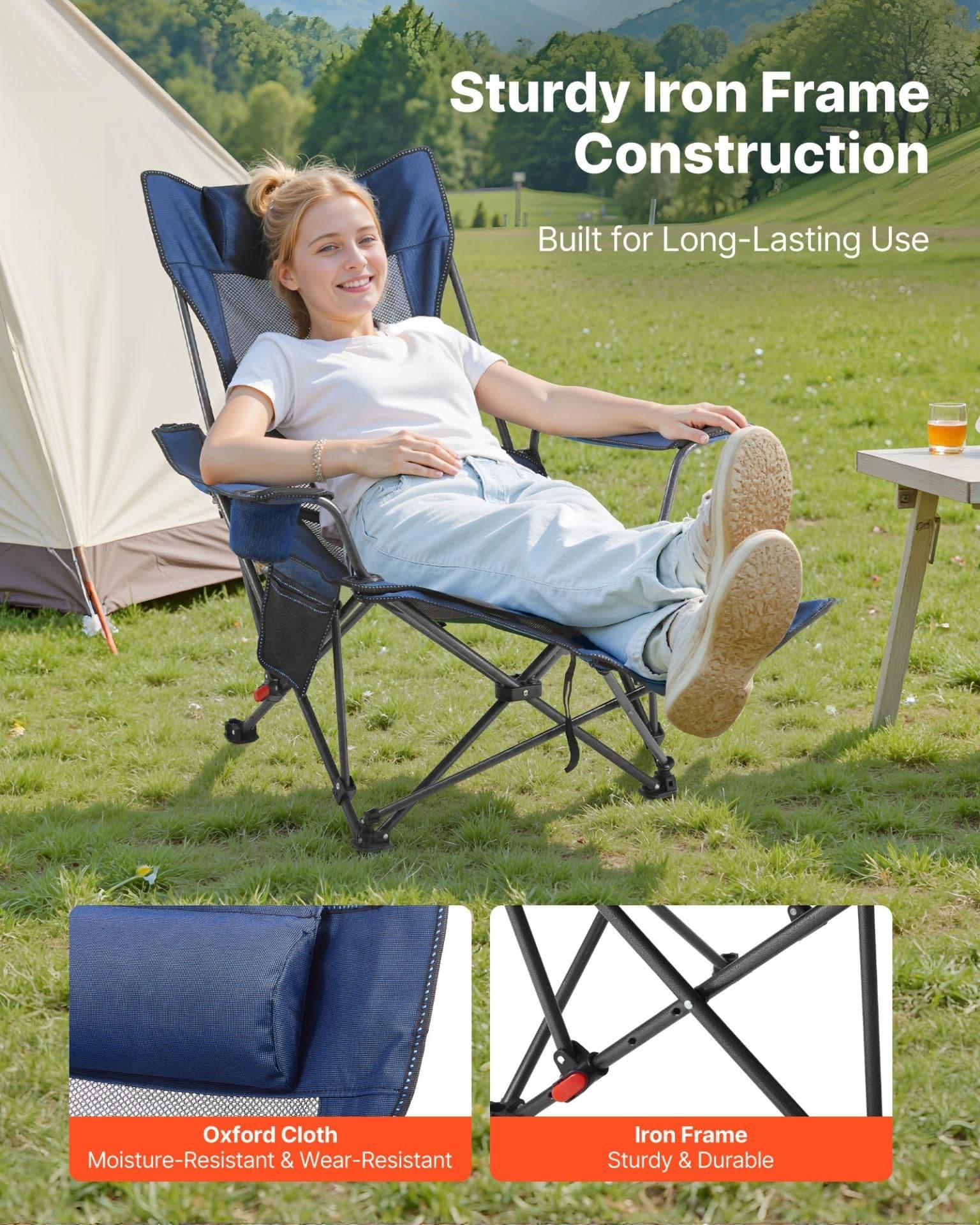 image-VEVOR Reclining Camping Chair, 4 Adjustable Positions, Portable Folding Lounger for Adults, Mesh Beach Chair with Headrest & Foot Rest, Supports 220 lbs, Heavy Duty Camp Chairs for Patio, Blue