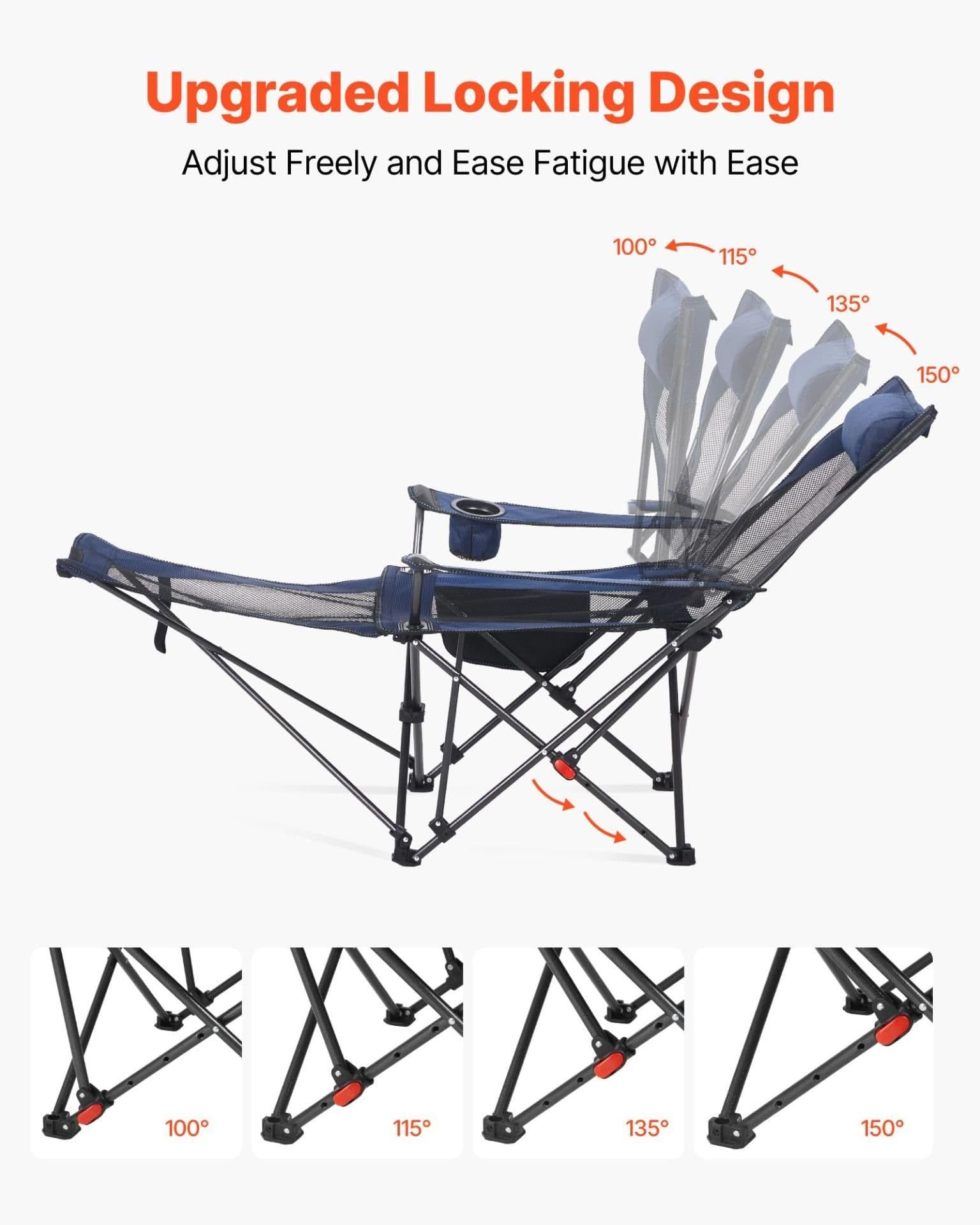 image-VEVOR Reclining Camping Chair, 4 Adjustable Positions, Portable Folding Lounger for Adults, Mesh Beach Chair with Headrest & Foot Rest, Supports 220 lbs, Heavy Duty Camp Chairs for Patio, Blue