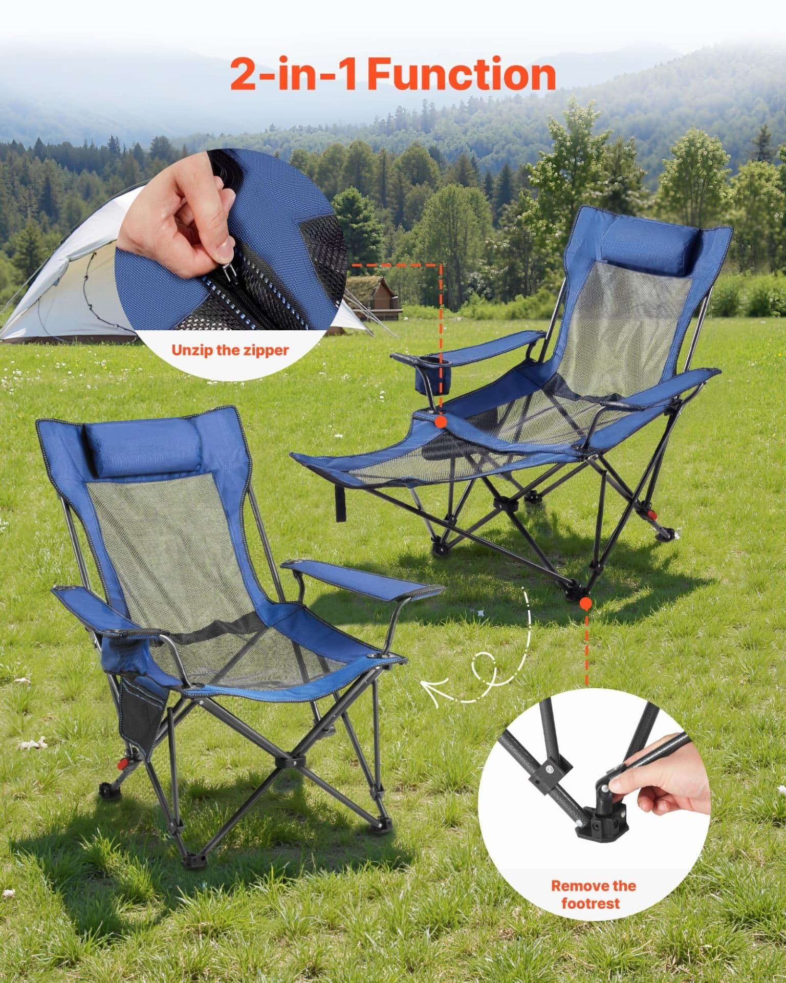 image-VEVOR Reclining Camping Chair, 4 Adjustable Positions, Portable Folding Lounger for Adults, Mesh Beach Chair with Headrest & Foot Rest, Supports 220 lbs, Heavy Duty Camp Chairs for Patio, Blue