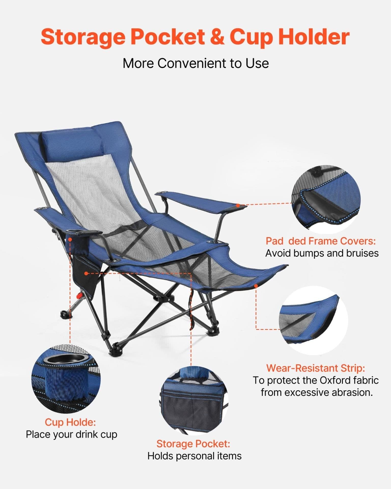 image-VEVOR Reclining Camping Chair, 4 Adjustable Positions, Portable Folding Lounger for Adults, Mesh Beach Chair with Headrest & Foot Rest, Supports 220 lbs, Heavy Duty Camp Chairs for Patio, Blue