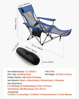 image-VEVOR Reclining Camping Chair, 4 Adjustable Positions, Portable Folding Lounger for Adults, Mesh Beach Chair with Headrest & Foot Rest, Supports 220 lbs, Heavy Duty Camp Chairs for Patio, Blue