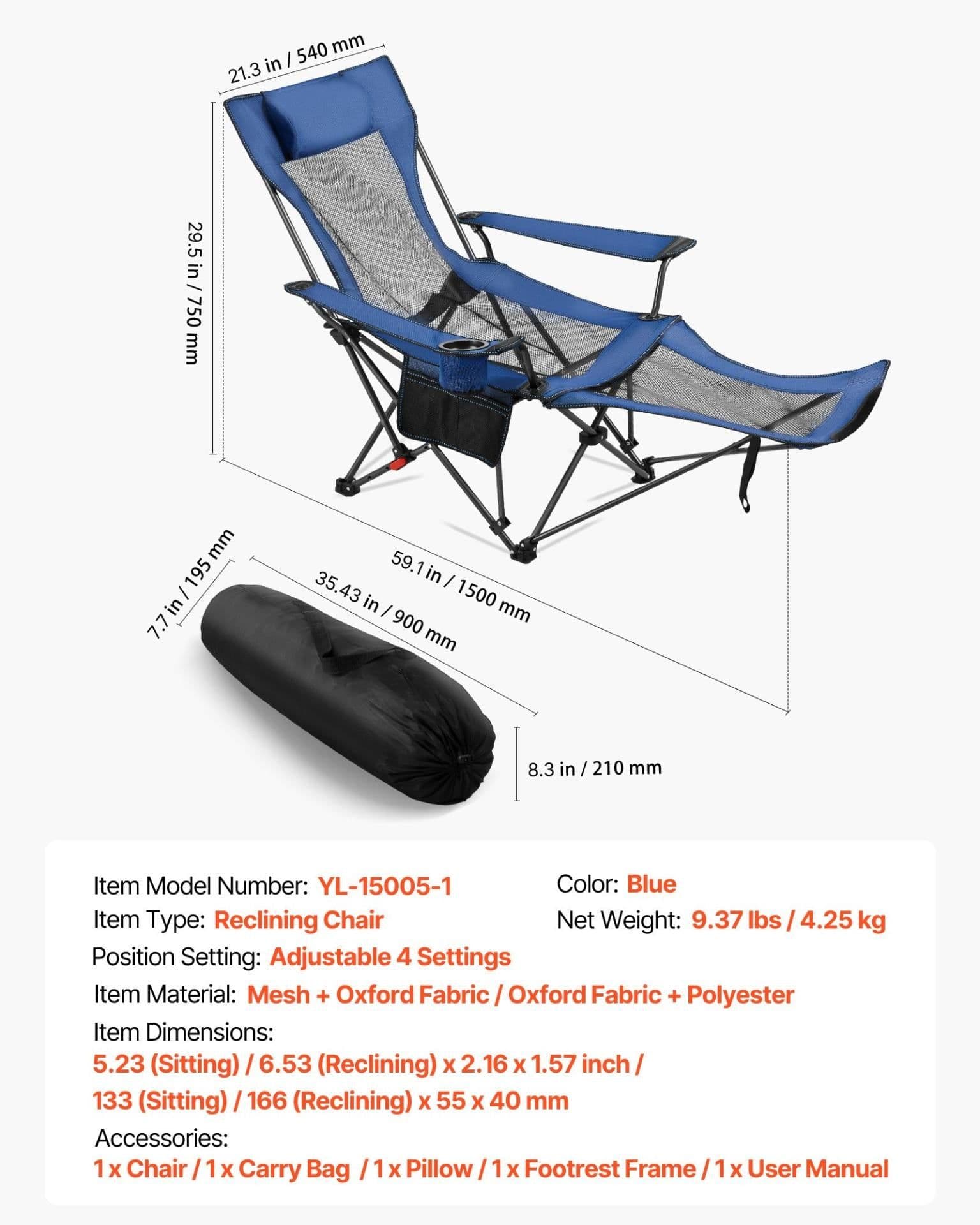 image-VEVOR Reclining Camping Chair, 4 Adjustable Positions, Portable Folding Lounger for Adults, Mesh Beach Chair with Headrest & Foot Rest, Supports 220 lbs, Heavy Duty Camp Chairs for Patio, Blue