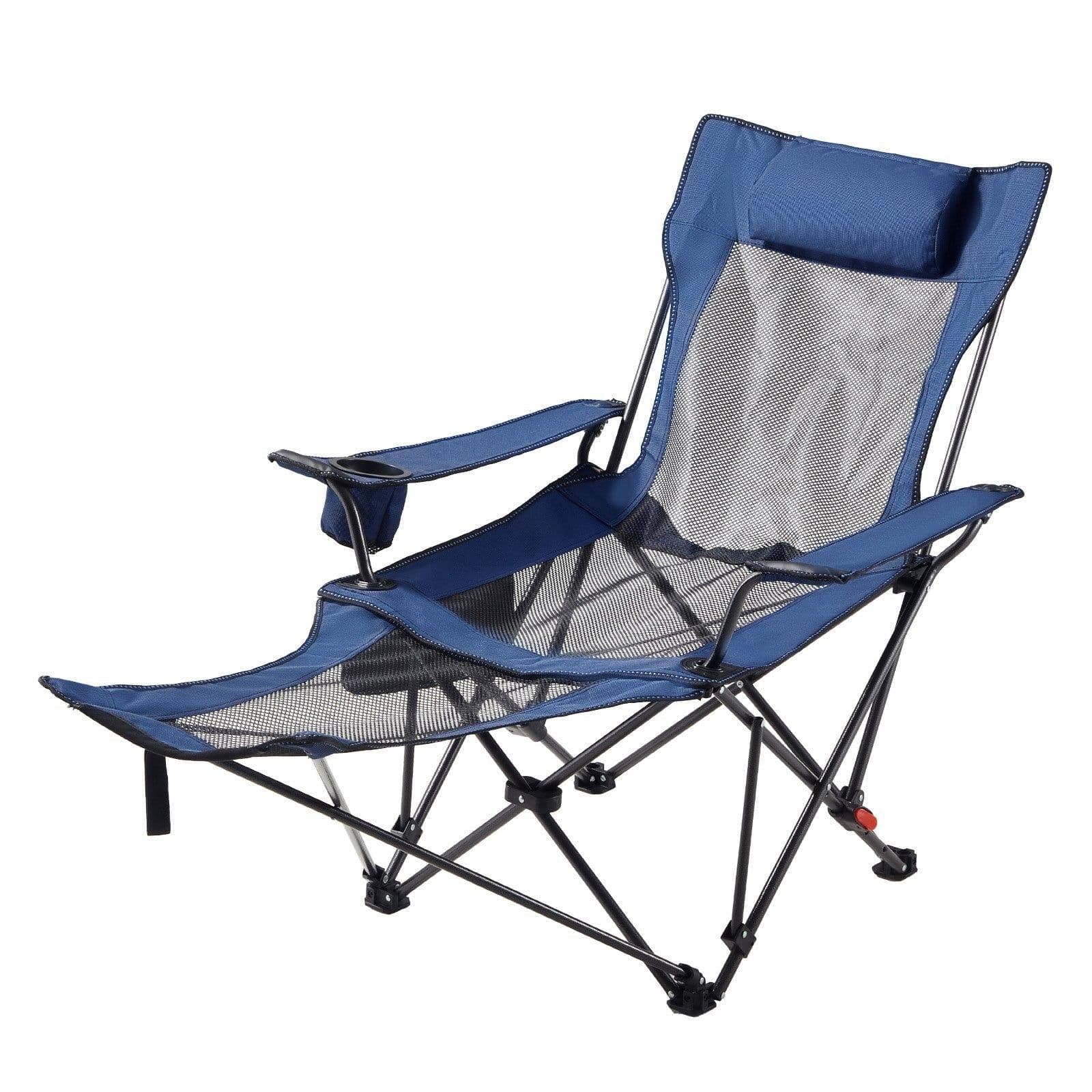 image-VEVOR Reclining Camping Chair, 4 Adjustable Positions, Portable Folding Lounger for Adults, Mesh Beach Chair with Headrest & Foot Rest, Supports 220 lbs, Heavy Duty Camp Chairs for Patio, Blue