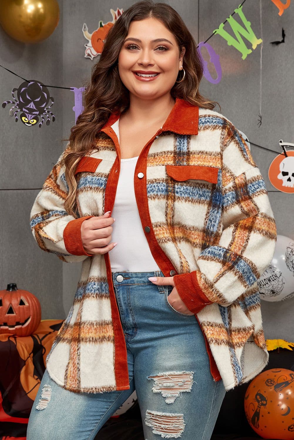image-Brown Stripe Plaid Print Plus Size Jacket