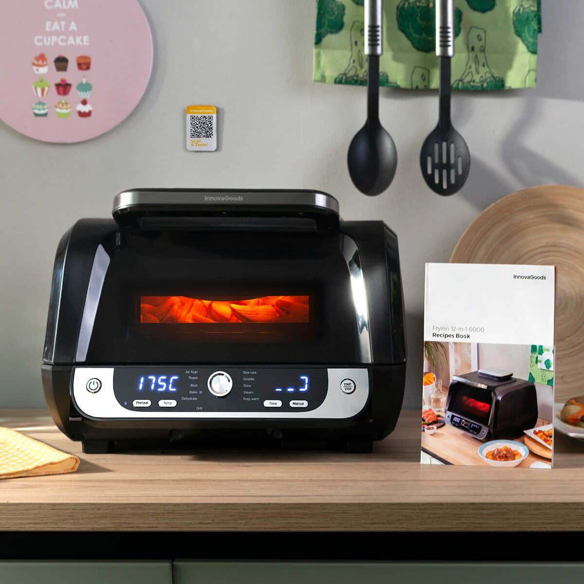 image-Air Fryer with Grill, Accessories and Recipe Book InnovaGoods Fryinn 12-in-1 6000 Black Steel 3400 W 6 L