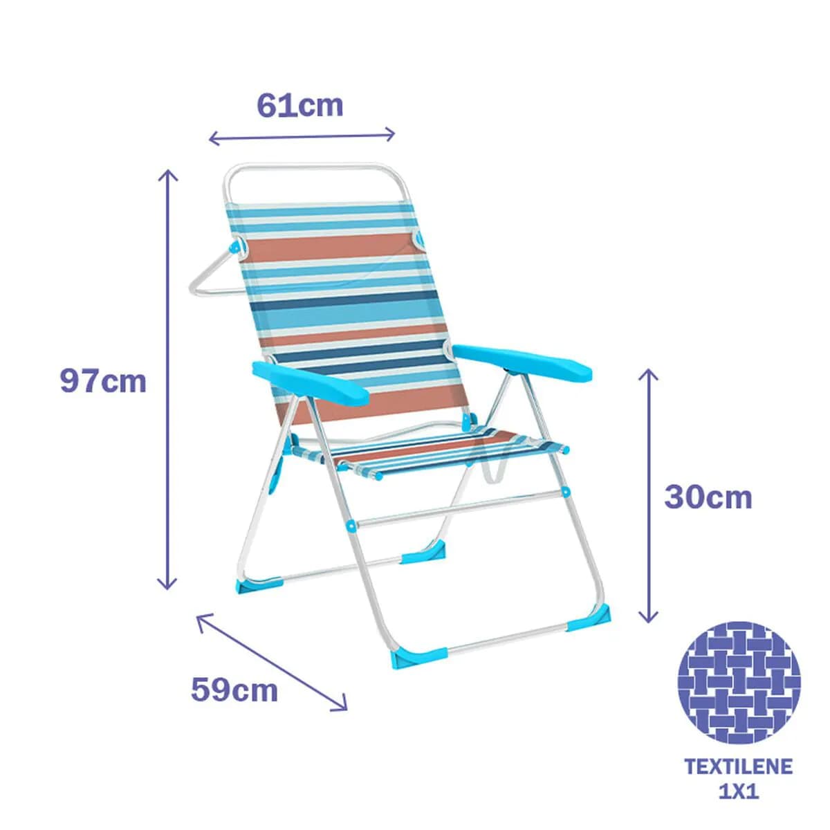 image-Marbueno Folding Chair 5 Positions Aluminum Orange Blue Stripes Beach Pool 59X61X97 cm