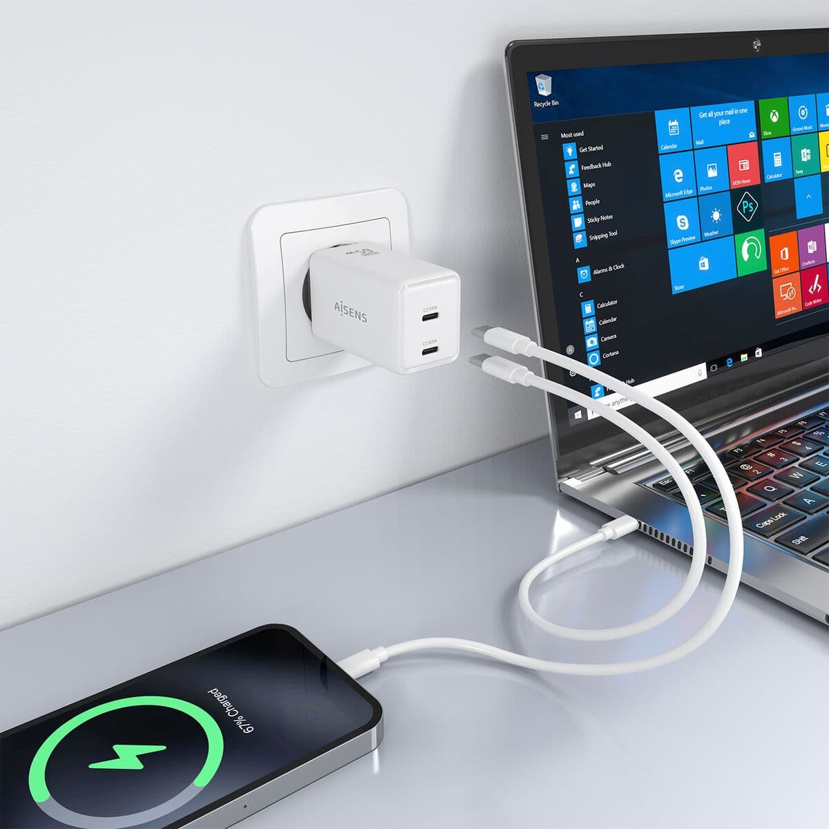 image-Wall Charger Aisens ASCH-65W2P078-W White 65 W