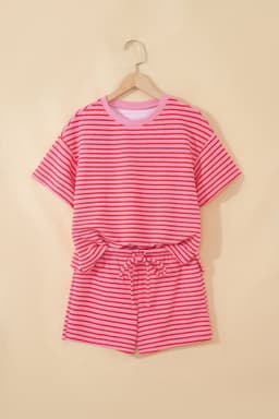 image-Rose Stripe Side Split Knit Tee Drawstring Shorts Set