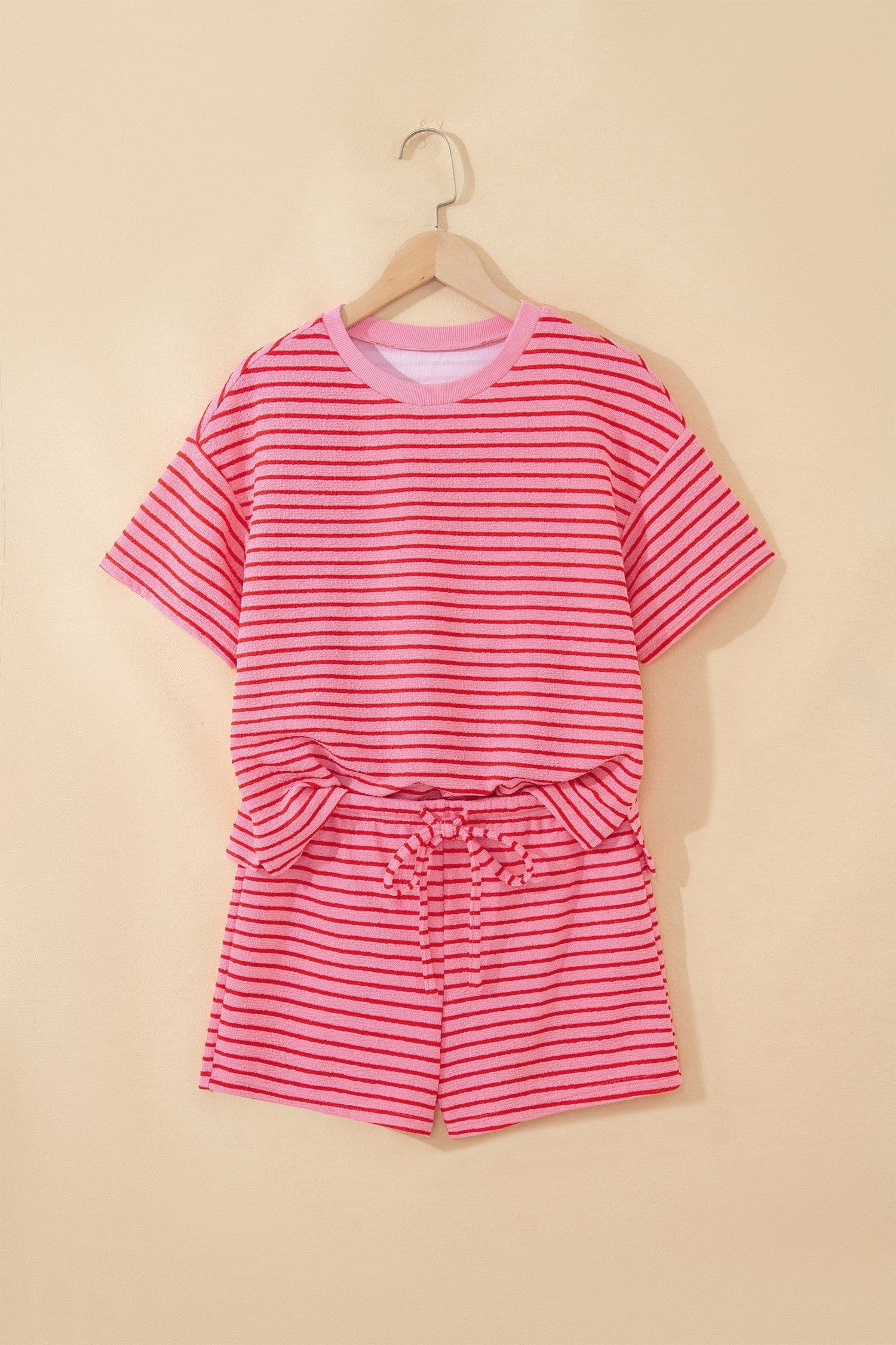 image-Rose Stripe Side Split Knit Tee Drawstring Shorts Set