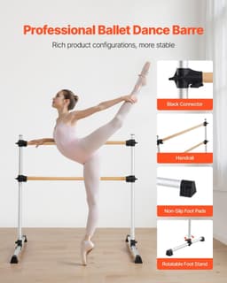 image-VEVOR Ballet Barre, 4 Ft Double Beechwood Barre Bar for Home, Freestanding Portable Ballet Stretching Dance Bars, Height Adjustable Anti-Wobble Fitness Gym Equipment, for Pilates Balance Workout