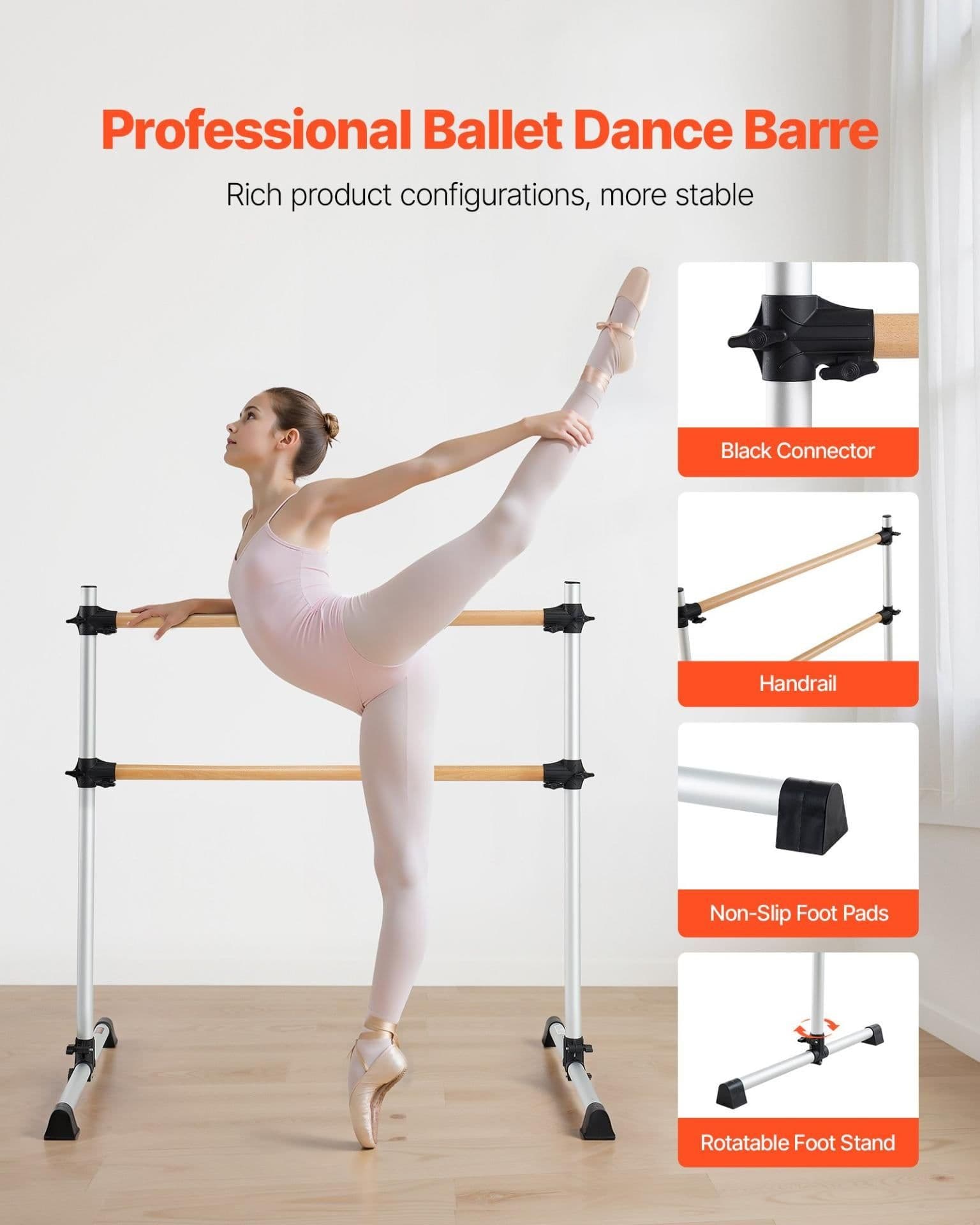 image-VEVOR Ballet Barre, 4 Ft Double Beechwood Barre Bar for Home, Freestanding Portable Ballet Stretching Dance Bars, Height Adjustable Anti-Wobble Fitness Gym Equipment, for Pilates Balance Workout