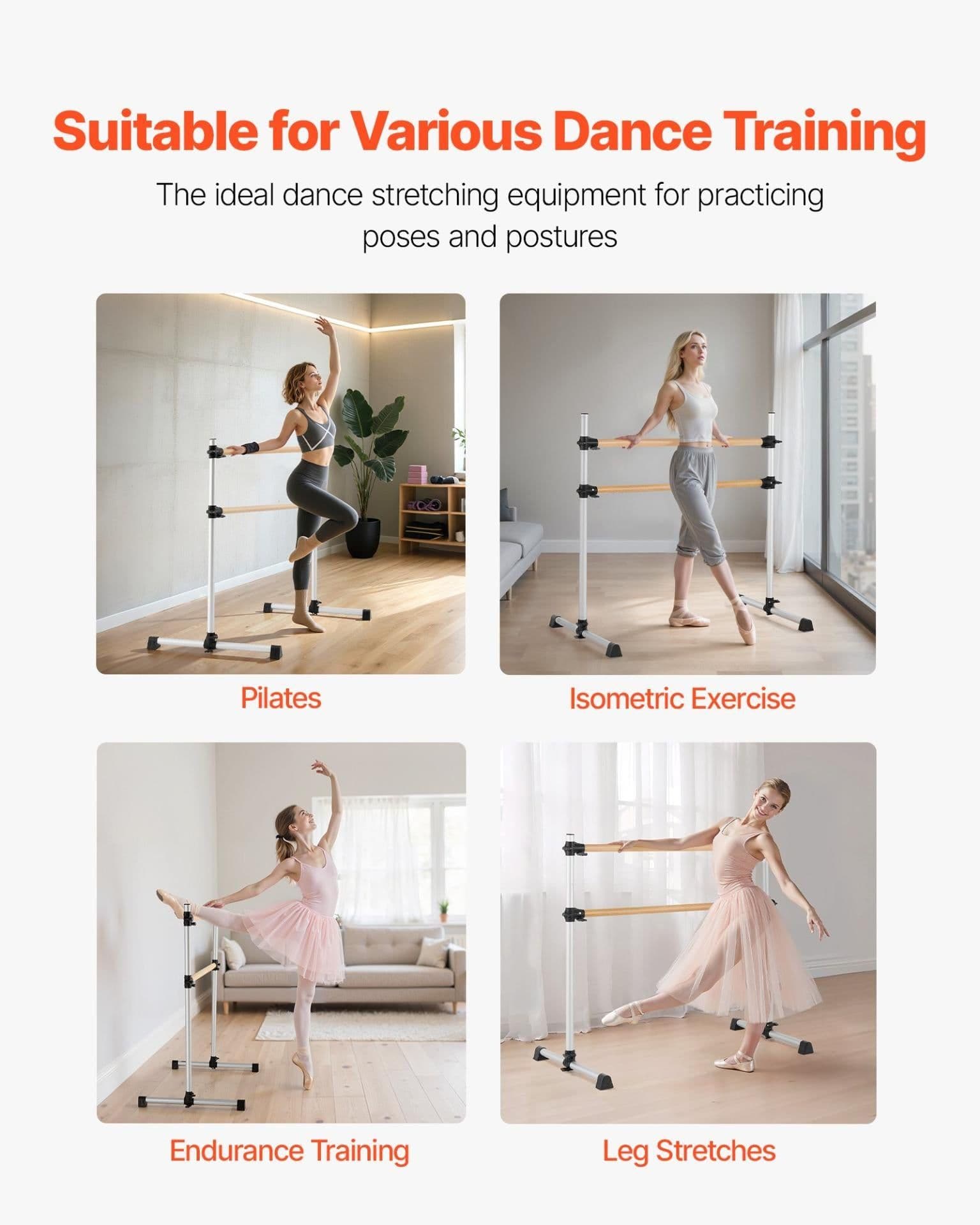 image-VEVOR Ballet Barre, 4 Ft Double Beechwood Barre Bar for Home, Freestanding Portable Ballet Stretching Dance Bars, Height Adjustable Anti-Wobble Fitness Gym Equipment, for Pilates Balance Workout