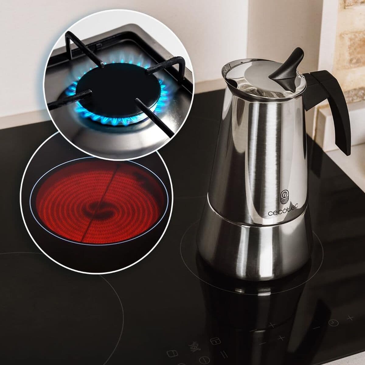 image-Cecotec Italian Coffee Maker Piccolina 200 Stainless Steel 2 Cups 100ml Beige Drip Stop
