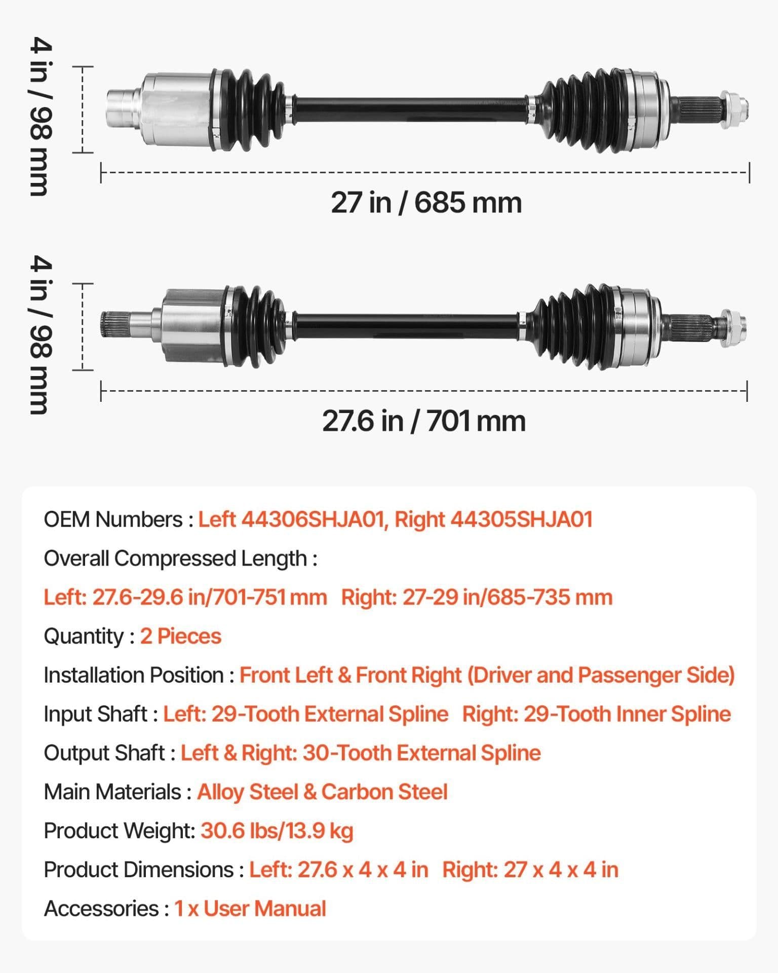 image-VEVOR CV Axle Shaft Assembly, 2 Pieces Front Left & Right (Driver and Passenger Side), Automotive Replacement CV Joint Axles Pair Compatible with 2005-2006 Honda Odyssey, Alloy Steel & Carbon Steel
