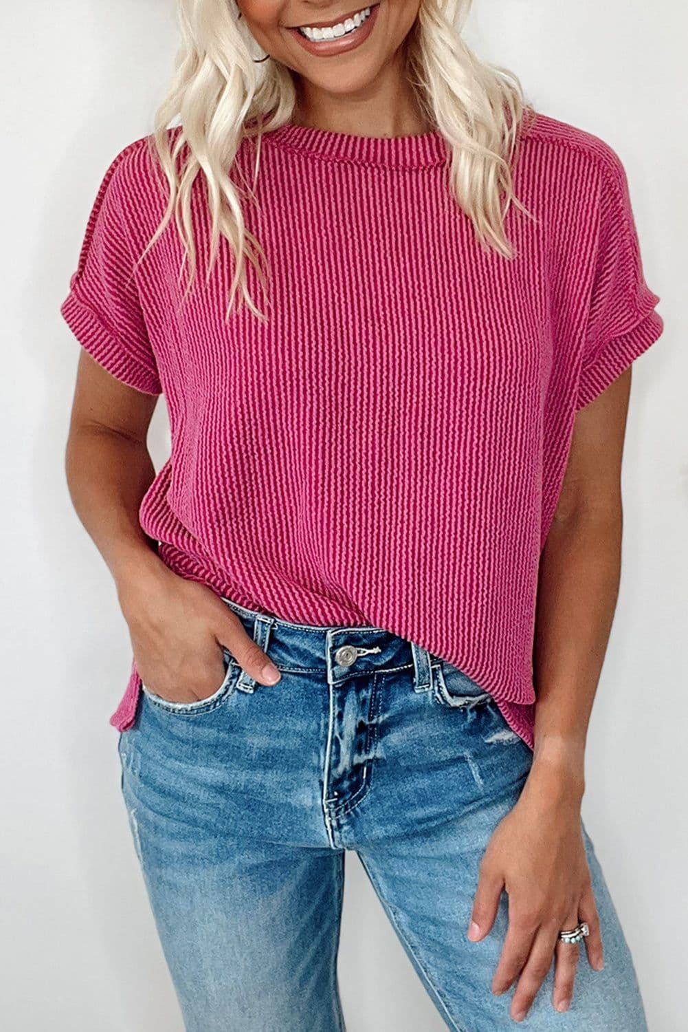 image-Medium Grey Textured Knit T-shirt with Exposed Stitching