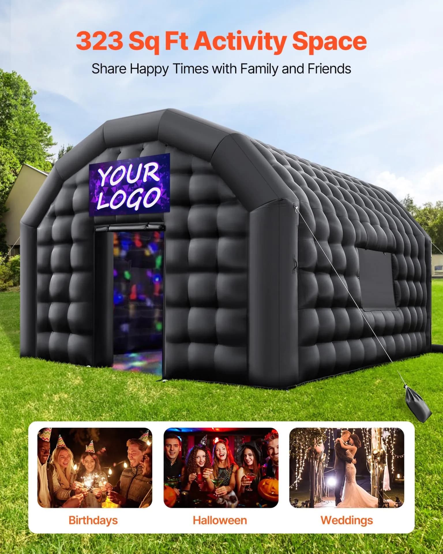 image-VEVOR Inflatable Nightclub, 19.7 x 16.4 x 12 ft Inflatable Party Tent with 680W Blower & Sandbag, Ventilated Blow up Night Club with 2 Windows, Air Cube House for Event Birthday Wedding Party