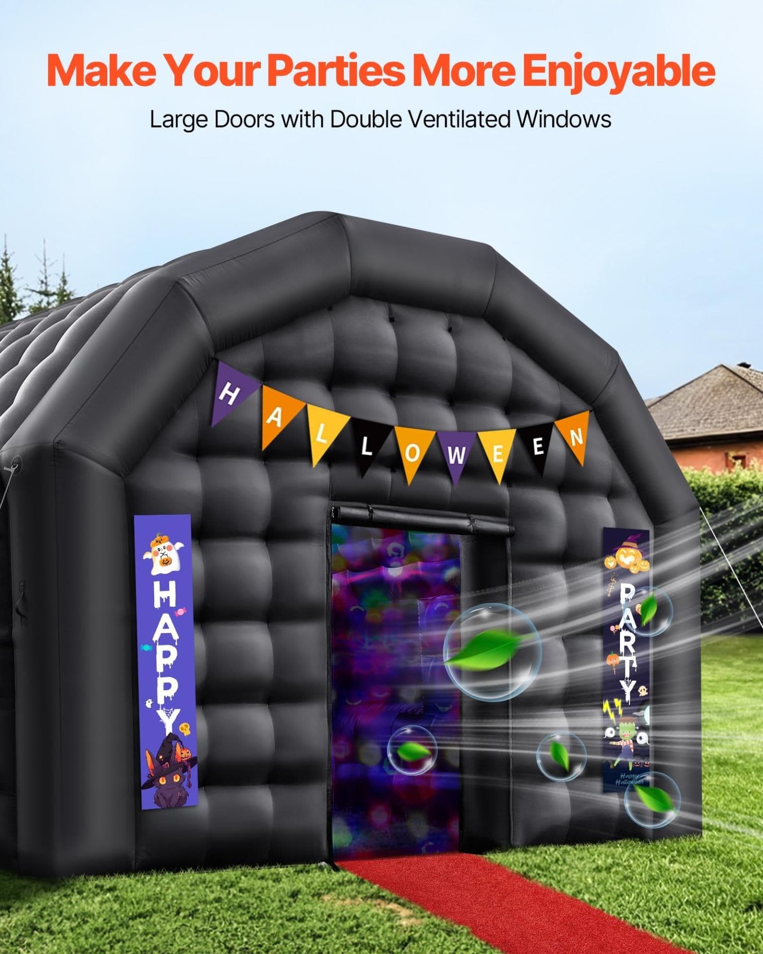 image-VEVOR Inflatable Nightclub, 19.7 x 16.4 x 12 ft Inflatable Party Tent with 680W Blower & Sandbag, Ventilated Blow up Night Club with 2 Windows, Air Cube House for Event Birthday Wedding Party