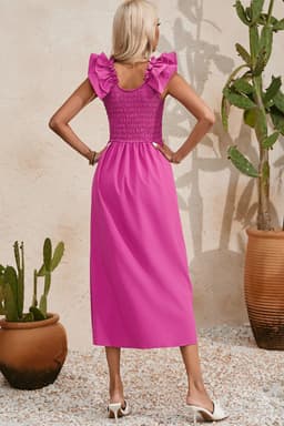 image-Rose Red Maxi Dress - Ruffled Straps, Smocked Ruched, Sizes S-XL
