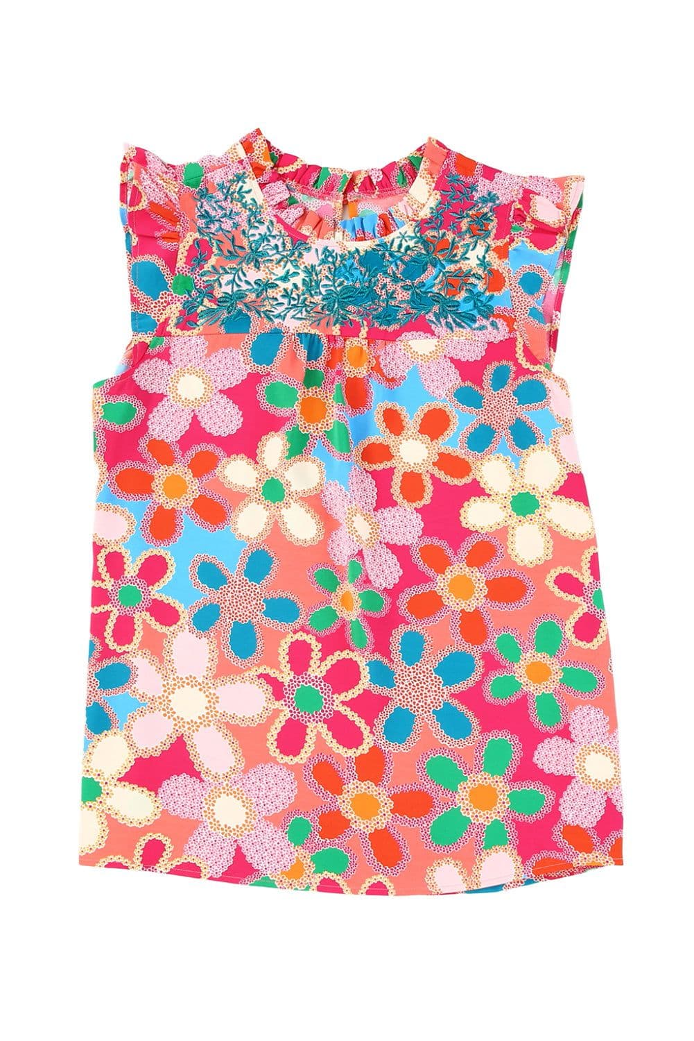 image-Rose Embroidered Floral Print Ruffle Trim Tank Top