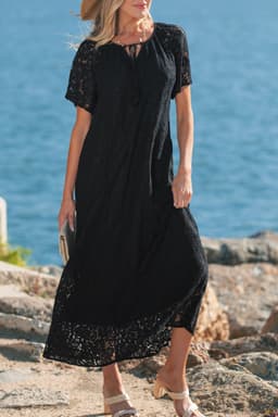 image-Black Floral Lace Overlay Tassel Tie Short Sleeve Beach Vacation Loose Maxi Dress