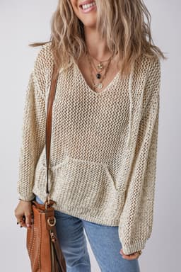 image-Jet Stream Hollow-out Kangaroo Pocket V Neck Hooded Sweater