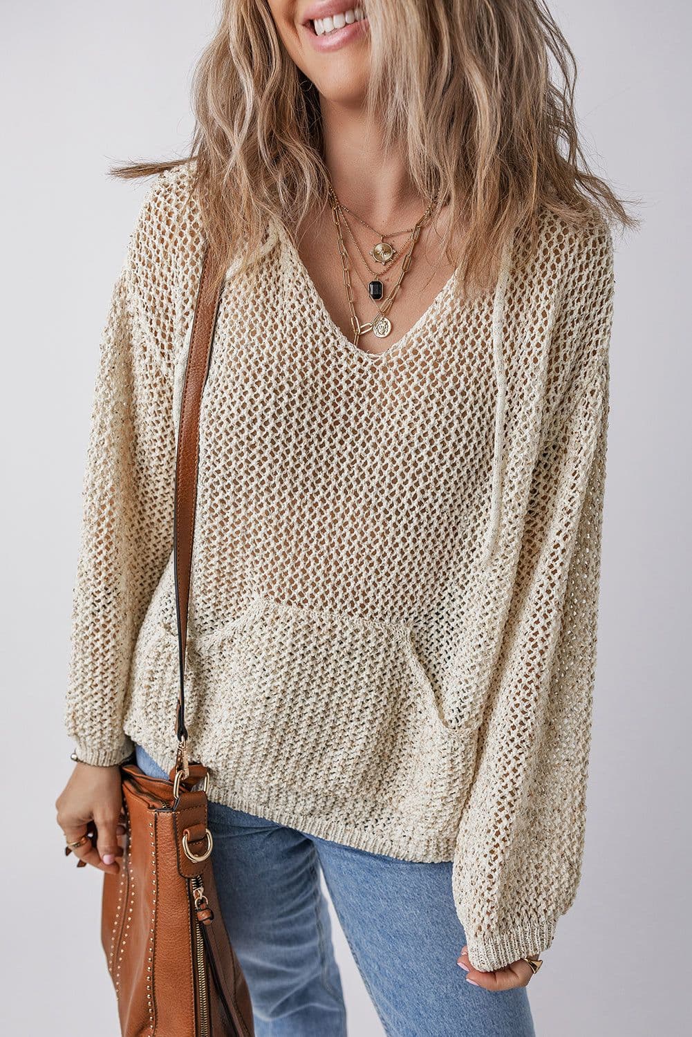 image-Jet Stream Hollow-out Kangaroo Pocket V Neck Hooded Sweater