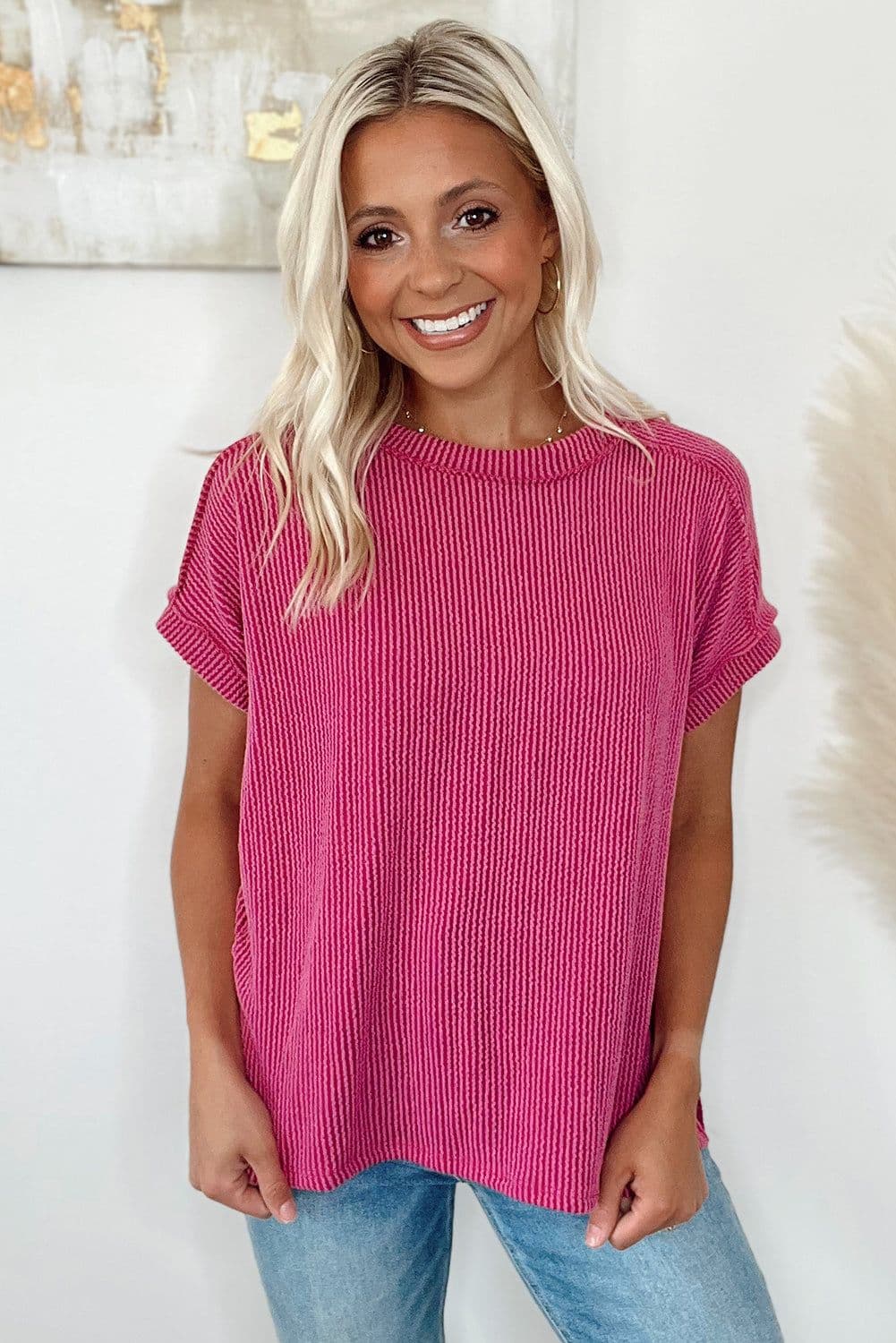 image-Medium Grey Textured Knit T-shirt with Exposed Stitching