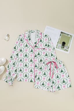 image-White Christmas Pajama Set - Velvet Trim Bow Knot