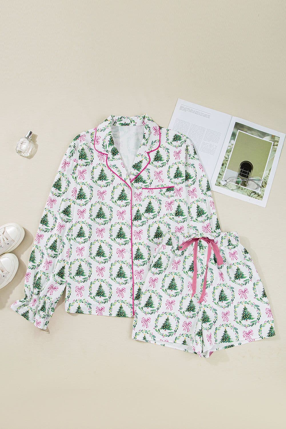 image-White Christmas Pajama Set - Velvet Trim Bow Knot