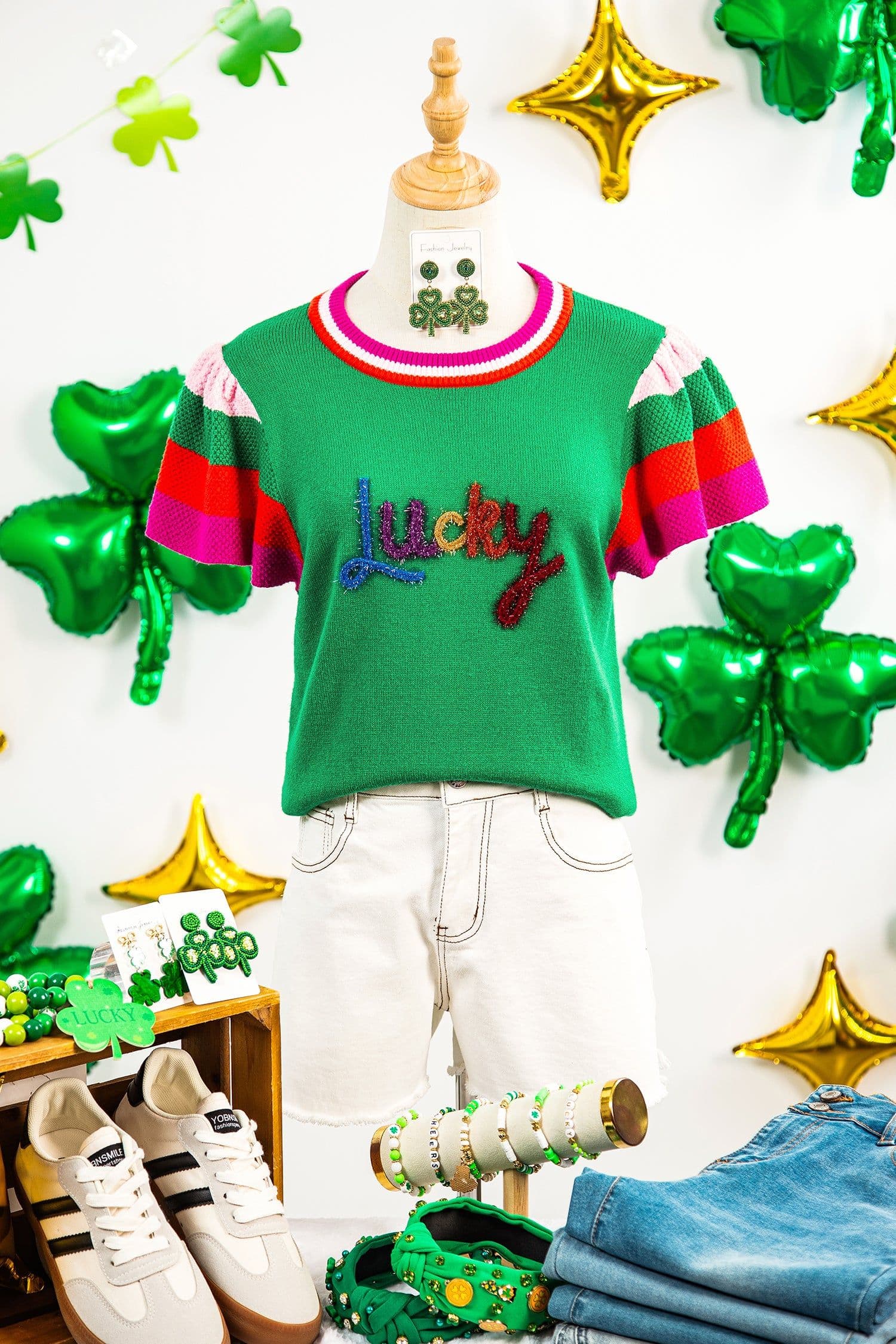image-Bright Green Striped Flutter Sleeve Sweater