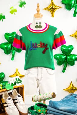 image-Bright Green Shiny Lucky Striped Flutter Sleeve Round Neck Sweater