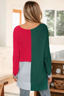 image-Evergreen Color Block Knit V Neck Sweater