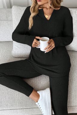 image-Racing Red Ribbed Notched Neck Knit Long Sleeve Leggings Two Pieces Lounge Set