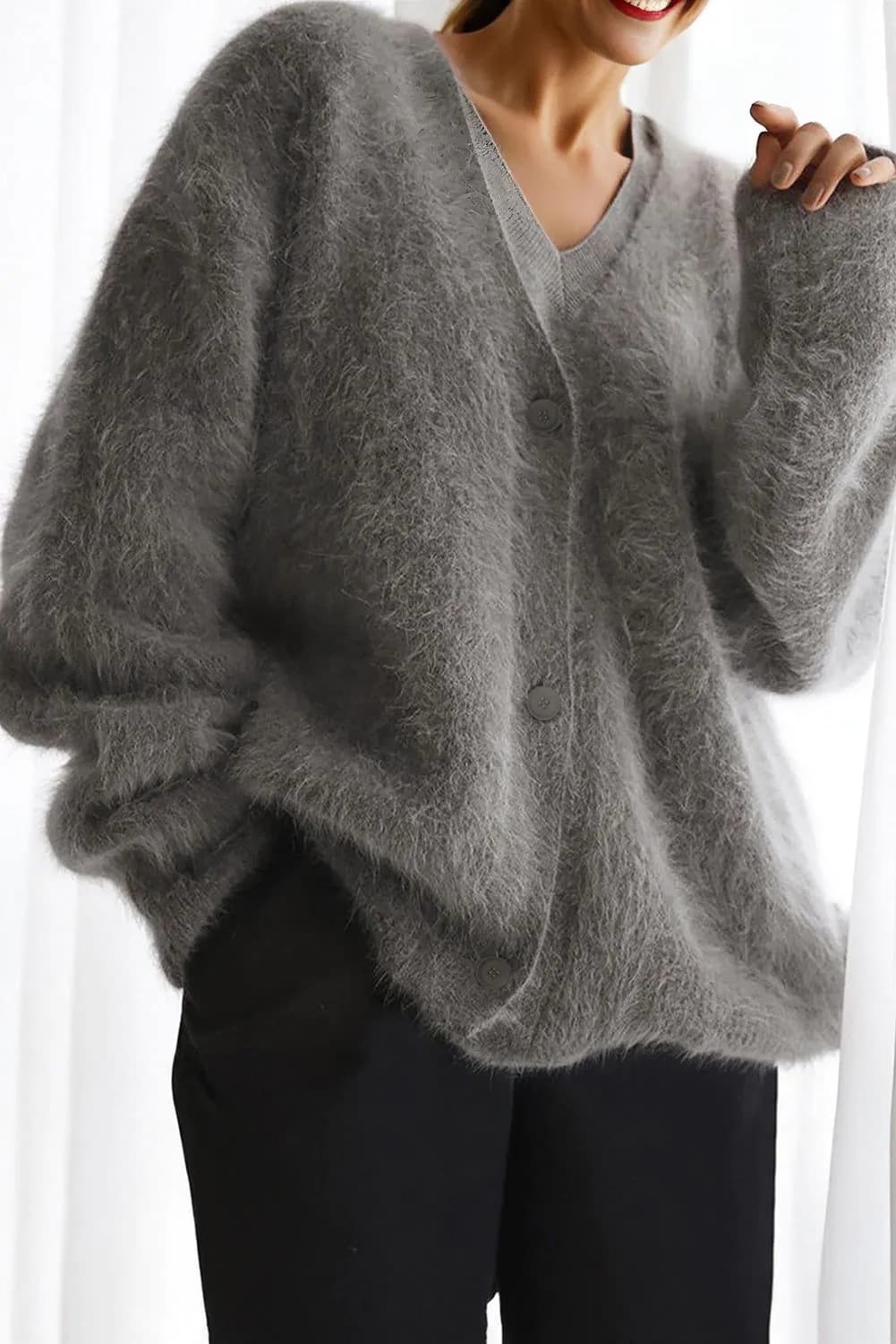 image-Philippine Gray V Neck Mohair Cardigan Sweater
