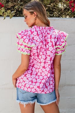 image-Pink Floral Ruffle Sleeve Blouse - Layered Contrast Ric Rac