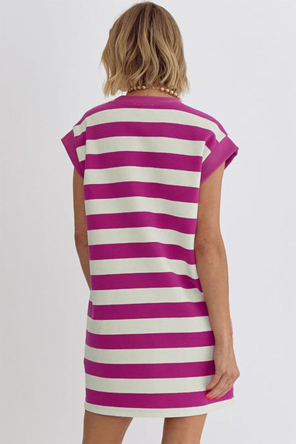 image-Rose Stripe Cap Sleeve Pocketed Shift T-shirt Dress