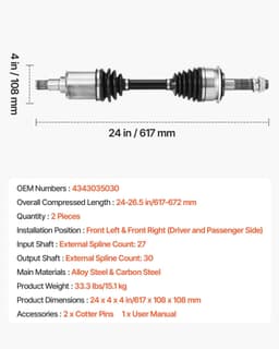 image-VEVOR CV Axle Shaft Assembly, 2 Pieces Front Left & Right (Driver and Passenger Side), Automotive Replacement CV Joint Axles Pair Compatible with 1996-2002 Toyota 4Runner, Alloy Steel & Carbon Steel