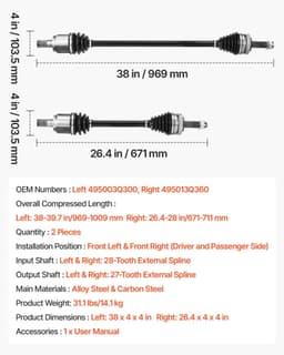 image-VEVOR CV Axle Shaft Assembly, 2 Pieces Front Left & Right (Driver and Passenger Side), Automotive Replacement CV Joint Axles Pair Compatible with 2011-2014 Hyundai Sonata, Alloy Steel & Carbon Steel