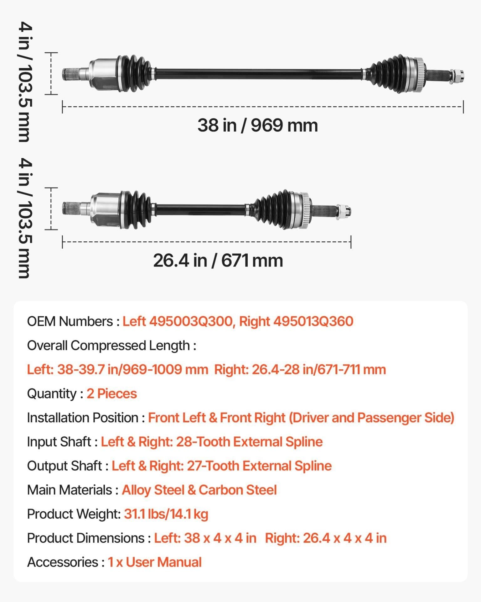 image-VEVOR CV Axle Shaft Assembly, 2 Pieces Front Left & Right (Driver and Passenger Side), Automotive Replacement CV Joint Axles Pair Compatible with 2011-2014 Hyundai Sonata, Alloy Steel & Carbon Steel