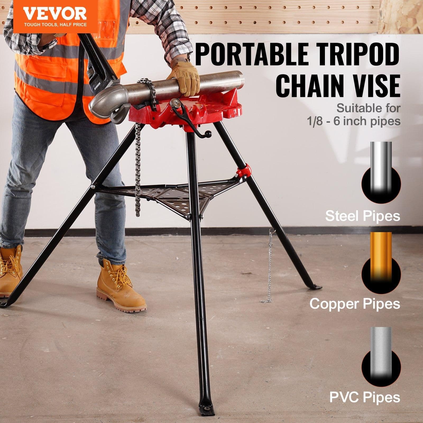 image-VEVOR 460-6 Tripod Pipe Chain Vise 1/8"-6" Capacity,Pipe Stand Portable Foldable Steel Legs,Pipe Jack Stands with Tool Tray, Tripod Stand Chain Vise Ideal for a Variety of Pipe Materials