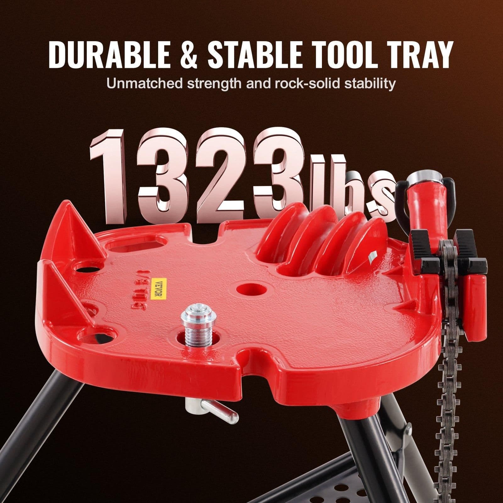 image-VEVOR 460-6 Tripod Pipe Chain Vise 1/8"-6" Capacity,Pipe Stand Portable Foldable Steel Legs,Pipe Jack Stands with Tool Tray, Tripod Stand Chain Vise Ideal for a Variety of Pipe Materials