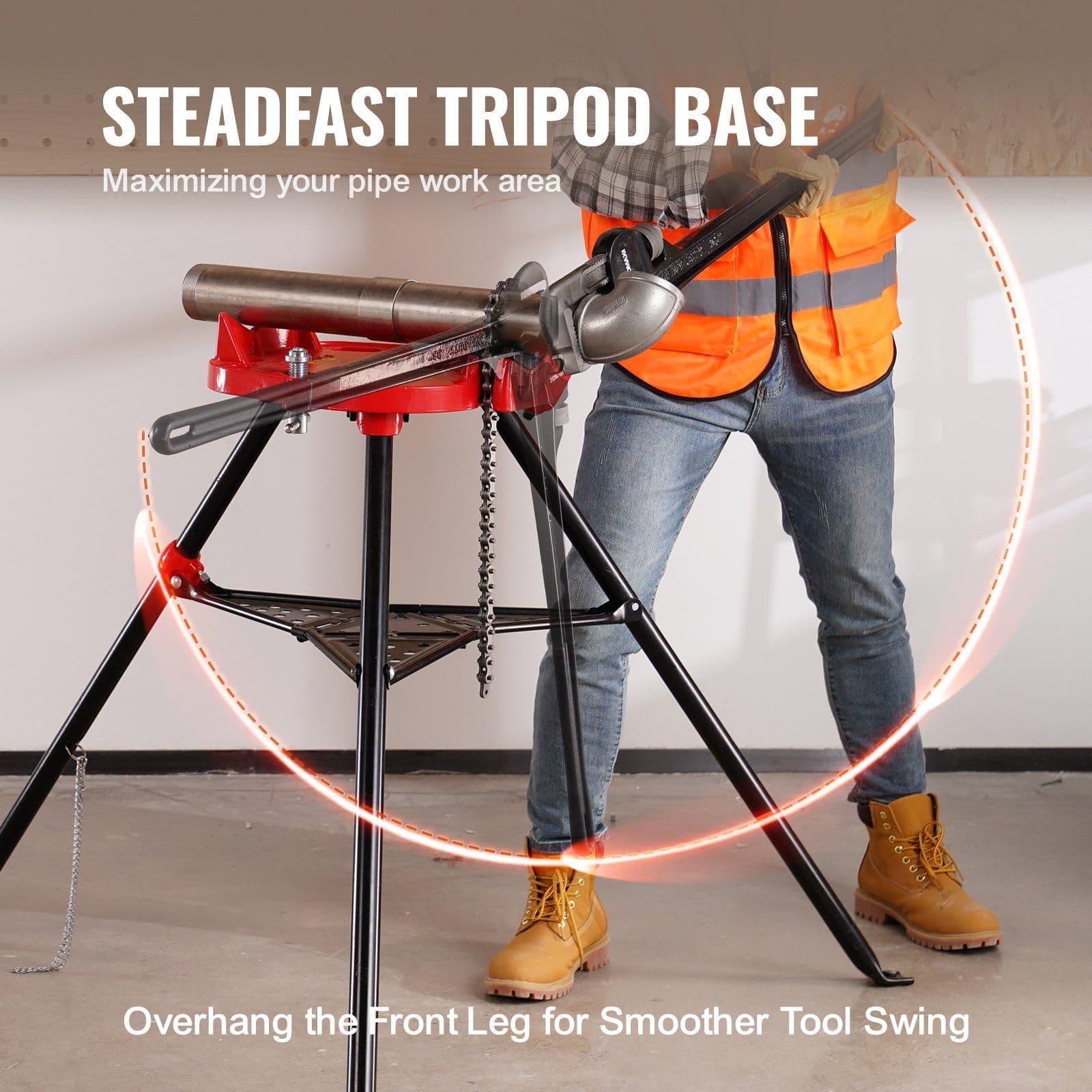 image-VEVOR 460-6 Tripod Pipe Chain Vise 1/8"-6" Capacity,Pipe Stand Portable Foldable Steel Legs,Pipe Jack Stands with Tool Tray, Tripod Stand Chain Vise Ideal for a Variety of Pipe Materials