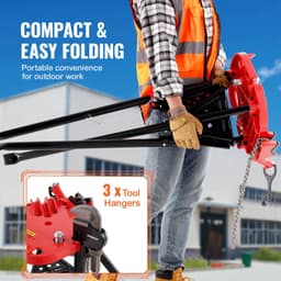 image-VEVOR 460-6 Tripod Pipe Chain Vise 1/8"-6" Capacity,Pipe Stand Portable Foldable Steel Legs,Pipe Jack Stands with Tool Tray, Tripod Stand Chain Vise Ideal for a Variety of Pipe Materials