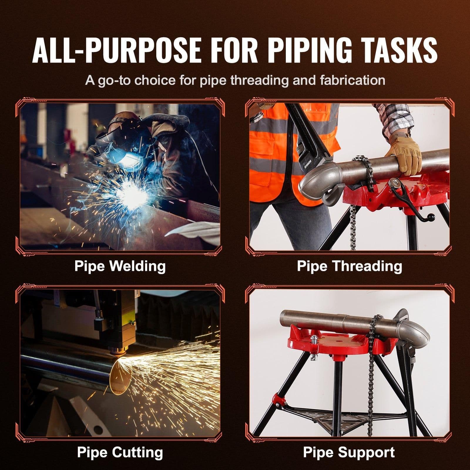 image-VEVOR 460-6 Tripod Pipe Chain Vise 1/8"-6" Capacity,Pipe Stand Portable Foldable Steel Legs,Pipe Jack Stands with Tool Tray, Tripod Stand Chain Vise Ideal for a Variety of Pipe Materials