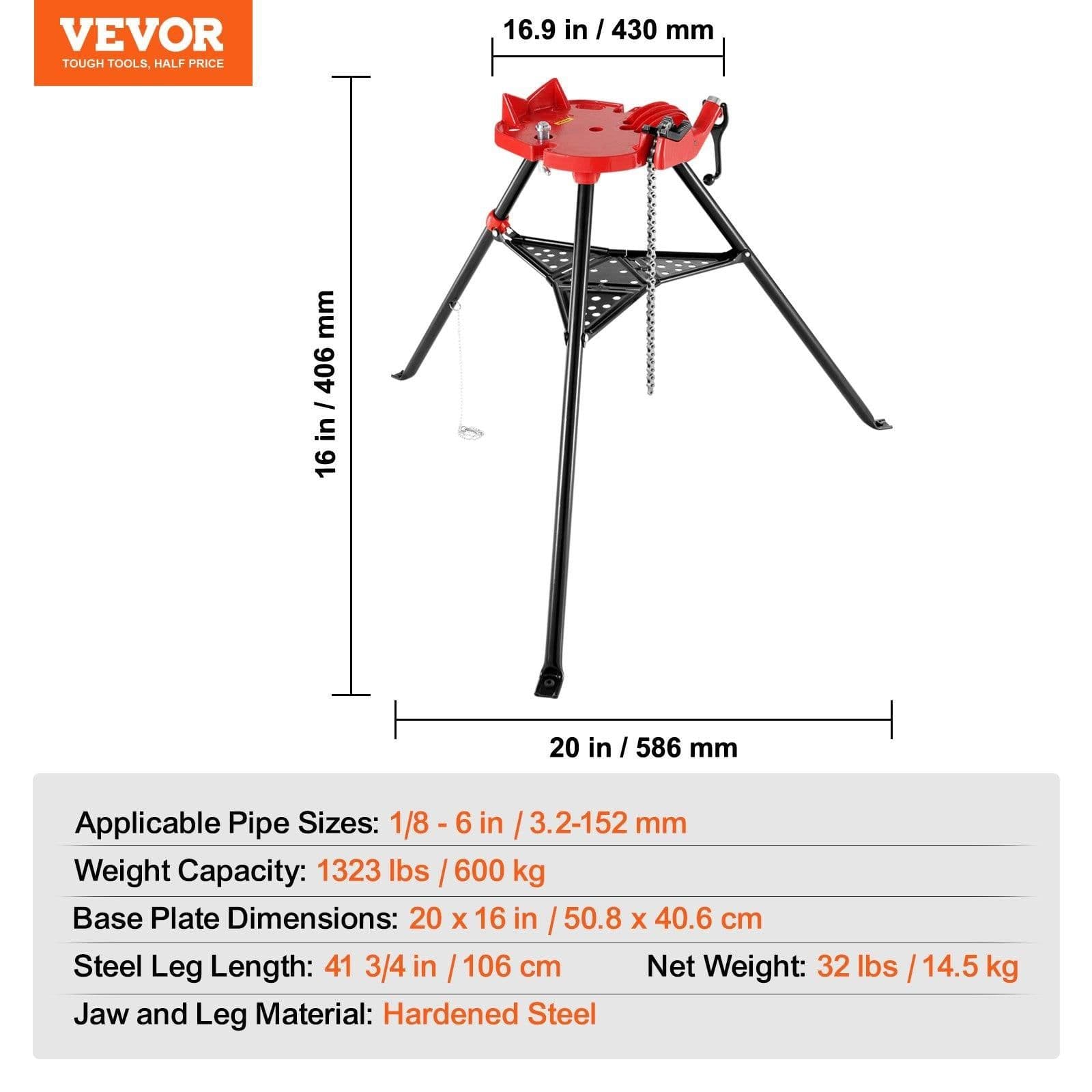 image-VEVOR 460-6 Tripod Pipe Chain Vise 1/8"-6" Capacity,Pipe Stand Portable Foldable Steel Legs,Pipe Jack Stands with Tool Tray, Tripod Stand Chain Vise Ideal for a Variety of Pipe Materials